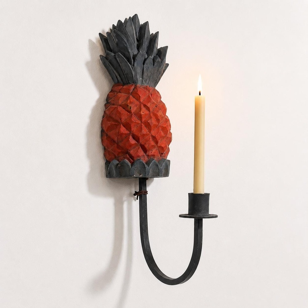 Vintage Great American Pineapple Candle Sconce Hand Carved Wood Wrought Iron